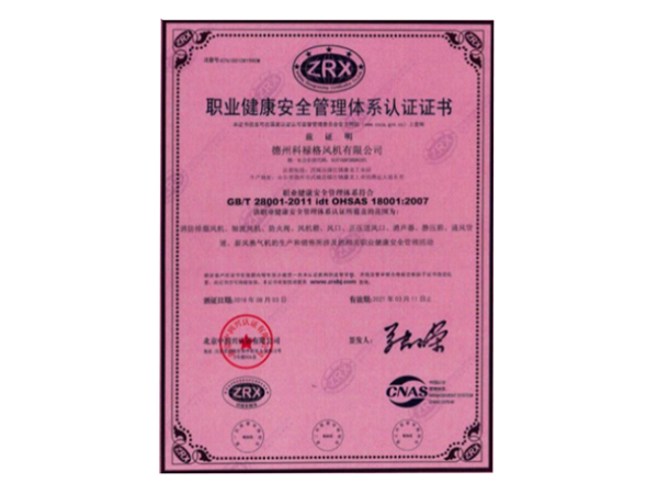職業(yè)健康安全管理體系認(rèn)證證書